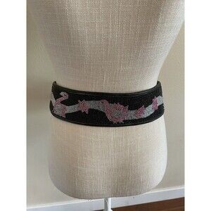 Vtg Beadz Women's Art Deco Black Faux Leather Belt with Pink Beaded Flamingos